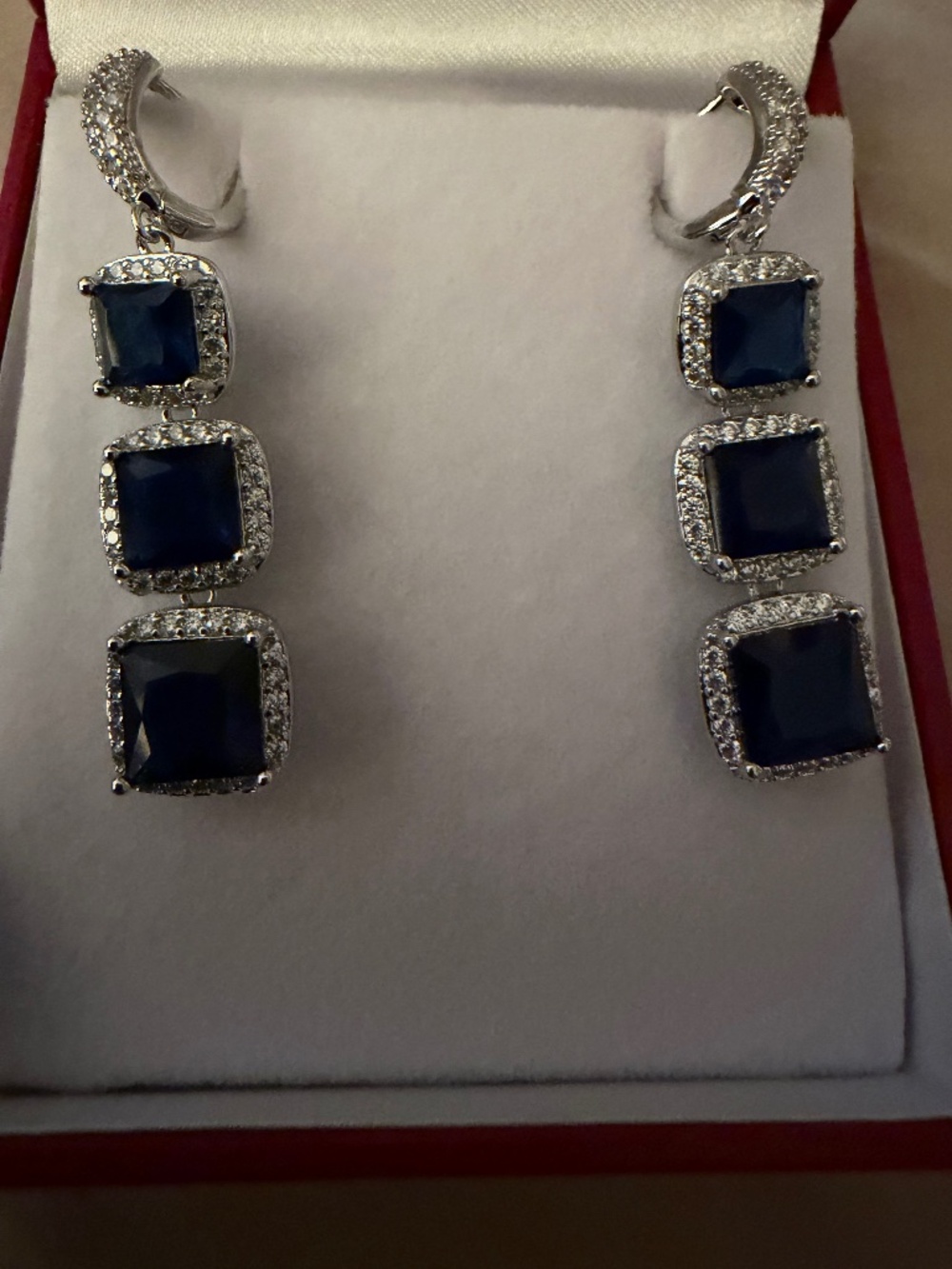 Blue & White Drop Sapphire Earrings: Graduated Gemstones, 14kt White Gold/Silver